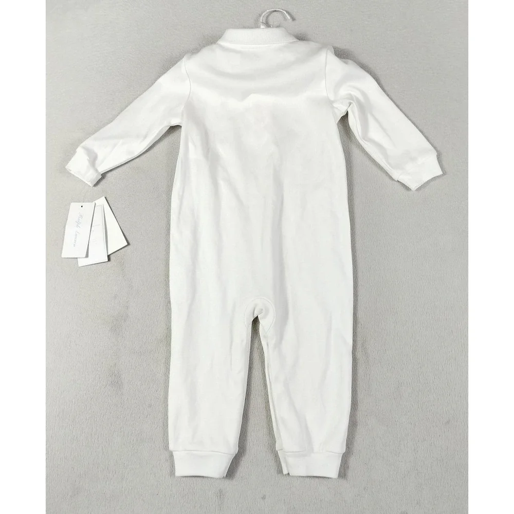 Ralph Lauren Coverall Baby Boy 12M White Organic Cotton Polo Long Sleeve Romper